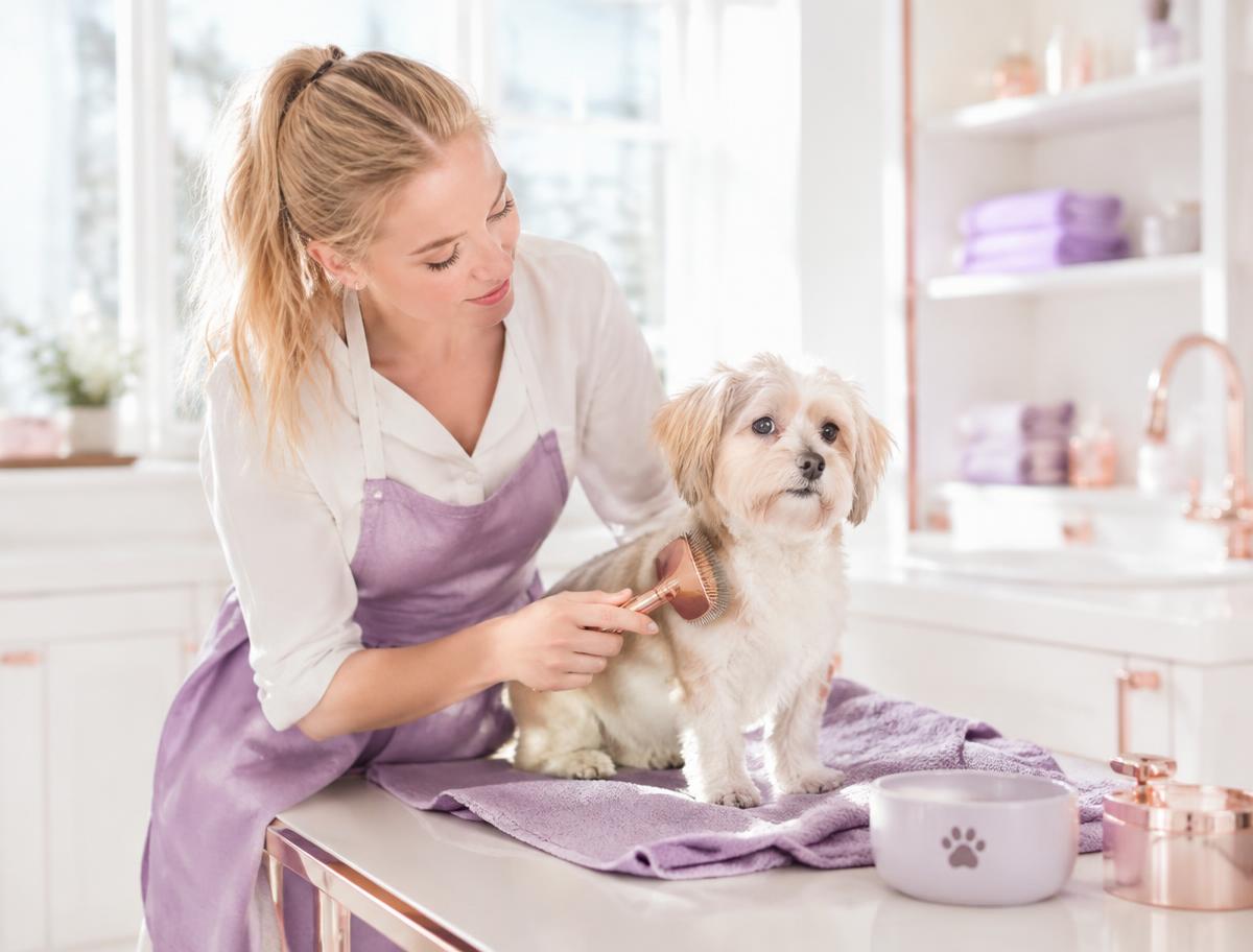 Cuidadora cepillando a un perrito sobre una toalla lavanda
