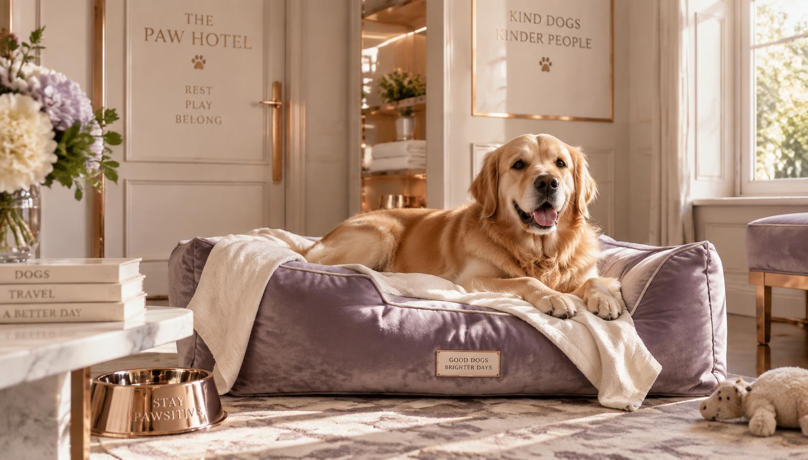 Golden retriever descansando en una cama de terciopelo lavanda