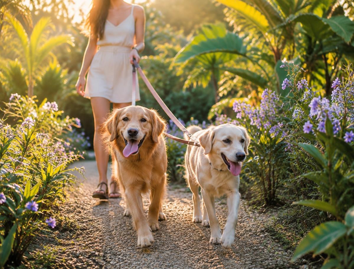 Dos perros paseando por un sendero con flores lavanda